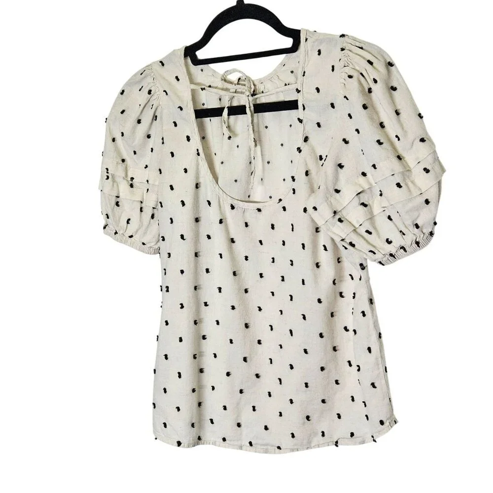 Madewell Womens XS Cream Black Polka Dot Puff Sleeve Top Basic Whimsy Whimsigoth